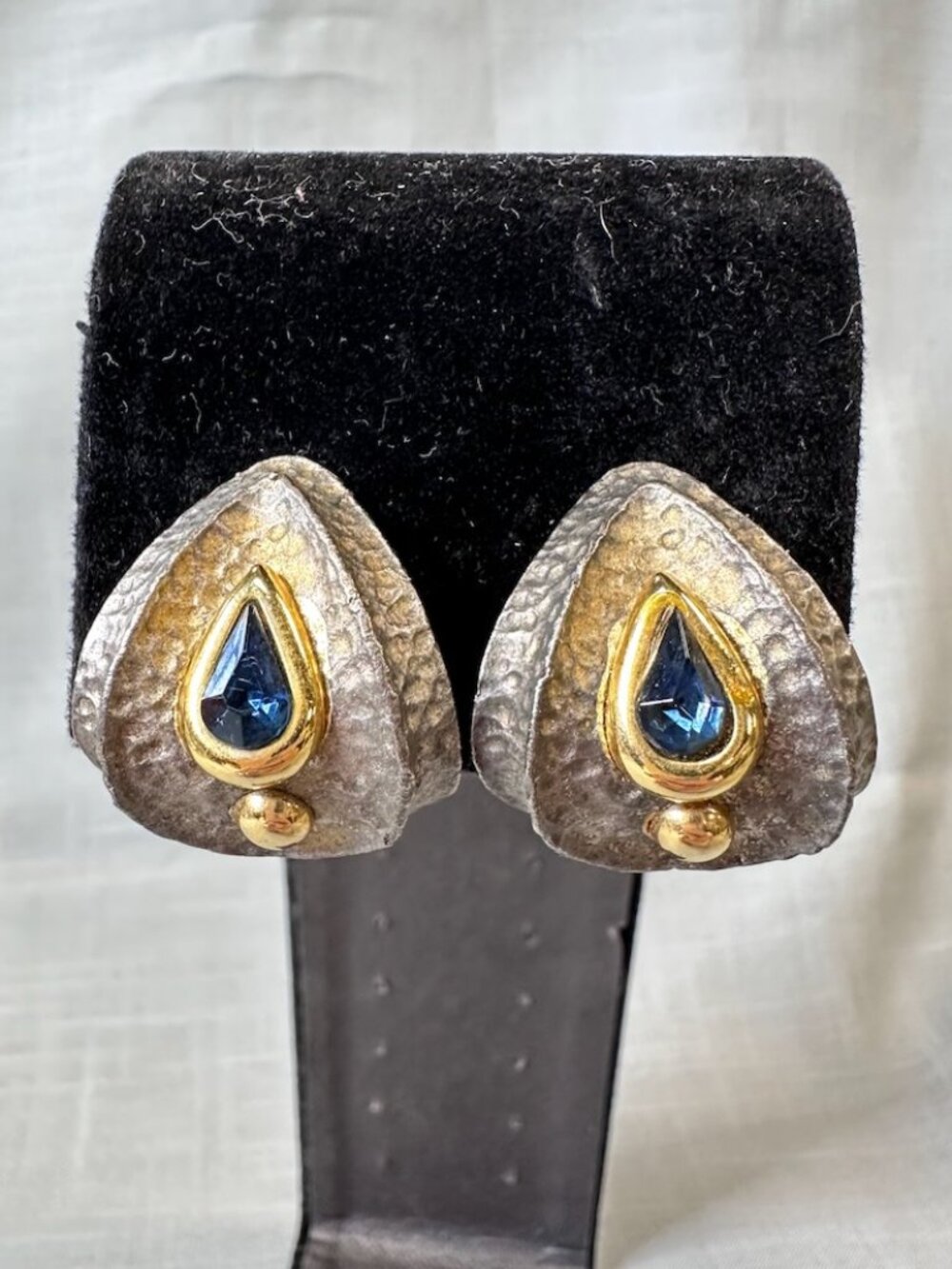 Vintage Rare Craft Brutalist Style Silver and Gold Tone Blue Stone Clip Ons